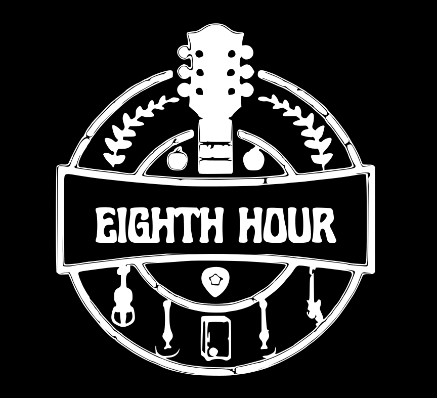 Eigth hour logo. A guitar with four vector traces of instruments below it.